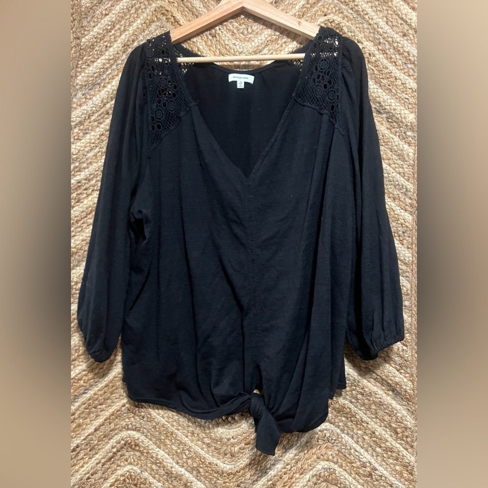 Max Studio Women's Black Blouse with Lace,Tie Knot Front,Size 3X